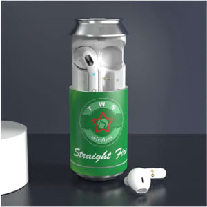 A green can-shaped case containing white wireless earbuds, with one earbud placed next to the can.