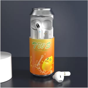 A promotional image featuring white Cannery TWS Earbuds placed inside a decorated drink can.