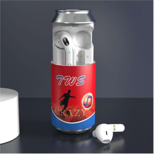 A silver drink can with red branding, containing white earbuds inside and one earbud placed beside it.