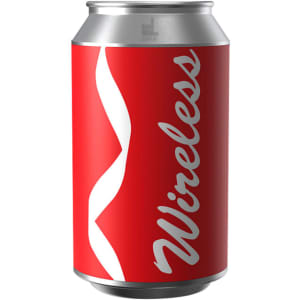 A red drink can featuring a wavy white design and the word "Wireless." It has a silver top and branding.
