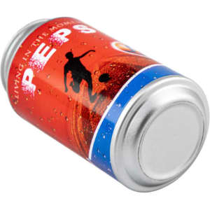 A can featuring a vibrant red design with a graphic of a person playing sport, topped with a silver lid.