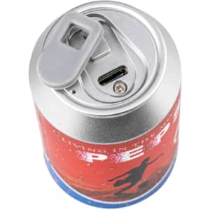 A silver can-shaped product with a red design, featuring a pull tab and a charging port on top.