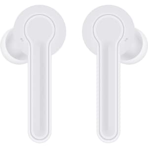 White Leeds TWS earbuds displayed from a front view, featuring a simple design and streamlined shape.