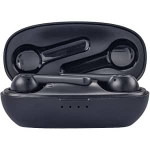 A pair of black wireless earbuds in a charging case with a sleek design and a logo on the case.