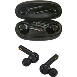 Black Leeds TWS earbuds with a charging case, featuring an interior layout for storage.