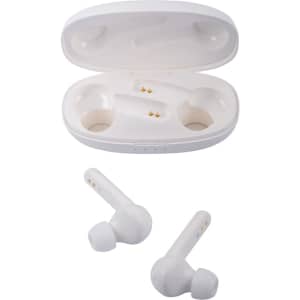 White Leeds TWS earbuds sit in their charging case, showcasing a sleek design with a minimalistic look.