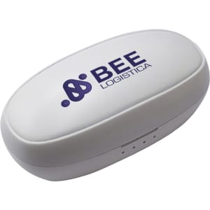 A white charging case for earbuds with a logo on the top, featuring a rounded design.