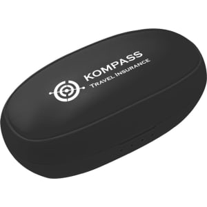 A black wireless earbuds case with a logo on the top, designed for storing and charging the earbuds.