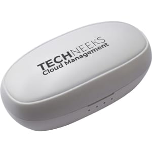 A white charging case for earbuds featuring a logo, with a smooth oval shape and ventilation holes.
