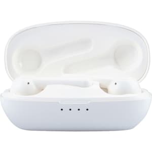 White Leeds TWS earbuds in a charging case, showcasing the earbuds and case interior.