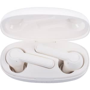 White Leeds TWS earbuds in a matching carrying case, featuring a sleek design and a logo.