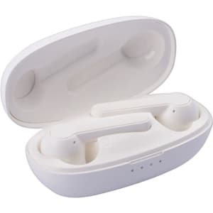 White earbuds in a matching charging case, featuring a sleek design and a minimalistic interior.