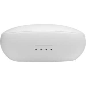 A white charging case for earbuds with indicator lights on the front. The case has a smooth, rounded design.