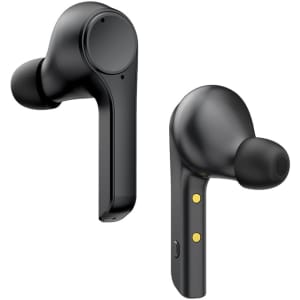 Black active noise cancelling TWS earbuds displayed from multiple angles, featuring a sleek design with a logo.