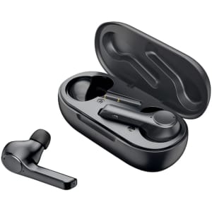Black active noise cancelling TWS earbuds displayed with their charging case, featuring a sleek design and simple branding.
