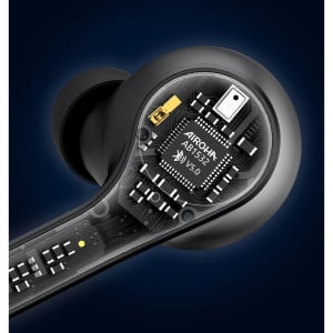 Close-up of black active noise cancelling TWS earbuds, revealing internal circuitry and components. Features branding.