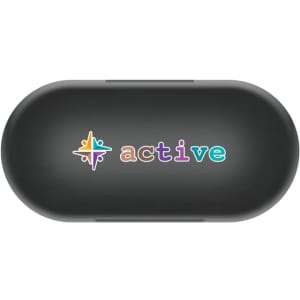 A black charging case for earbuds with a colourful logo featuring the word "active".