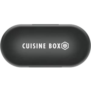 A black earbud charging case featuring a logo on top, designed for wireless earbuds.