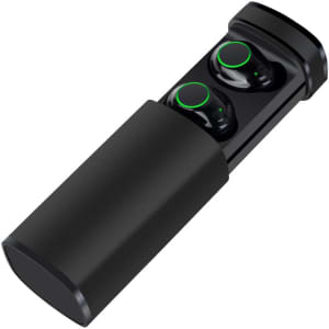 A set of black Royston TWS earbuds housed in a sleek case, featuring green accents and branding.