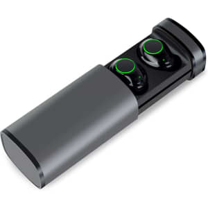 A pair of black earbuds with green accents, housed in a grey charging case.