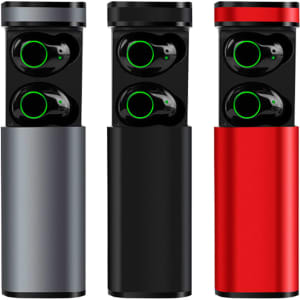 A set of Royston TWS earbuds in grey, black, and red with a branded casing.