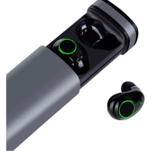 A pair of black Royston TWS earbuds with a charging case, featuring green accents and a logo.