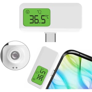 A white digital thermometer with a green display, designed to connect to a smartphone.