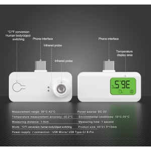 A white smartphone thermometer with an infrared probe, display screen, and a logo. Features measurement range between 30°C and 42°C.