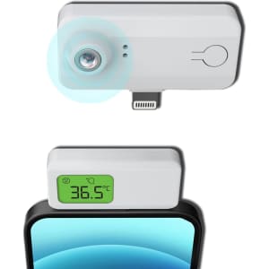 A white smartphone thermometer with a digital display, featuring a logo, designed to attach to a device.