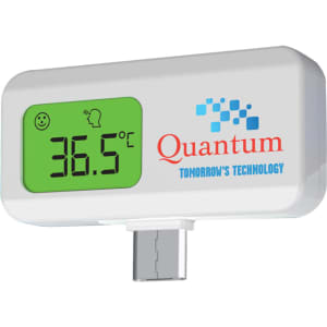 A white thermometer with a green screen displaying a temperature reading. It features a logo on the side.