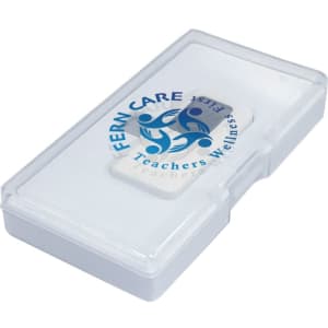 A clear plastic case containing a small thermometer device with a logo on it. The case is white and compact.