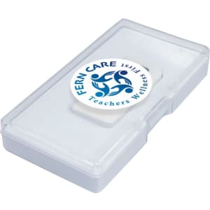 A white thermometer in a clear case, featuring a circular blue logo on the top.