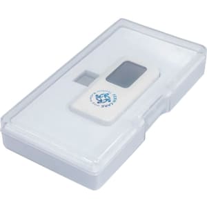 A white smartphone thermometer in a clear plastic case with a logo.