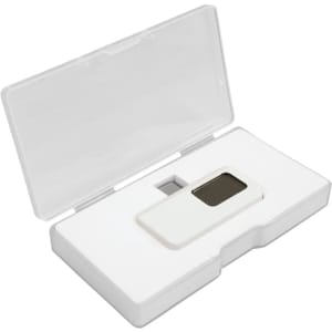 A white smartphone thermometer sits in an open white case, featuring a small digital display.