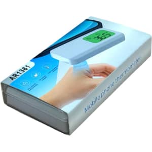 A white mobile phone thermometer in packaging, featuring a digital display and a logo.