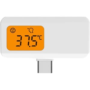 A white thermometer attachment with an orange display showing a temperature of 37.5°C. It includes a logo.