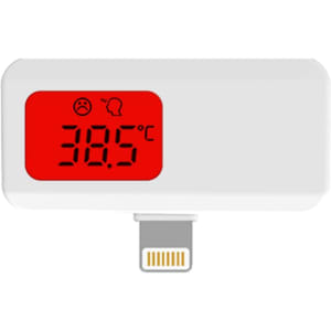 A white digital thermometer with a red display showing a temperature reading of 38.5°C. It has a connector for smartphones.