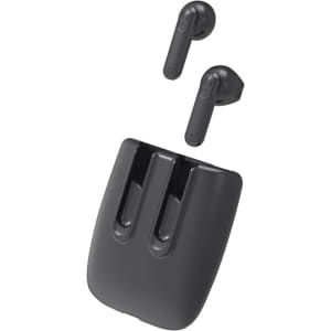 Magnetic black TWS earbuds with a charging case, featuring a sleek design and an accompanying logo.