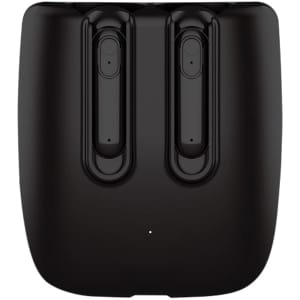 A pair of black TWS earbuds in a charging case featuring a logo on the surface.