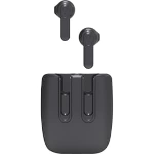 Magnetic TWS earbuds in black with a matching charging case, featuring a sleek design and branding.