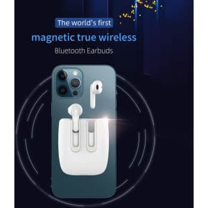 Magnetic true wireless earbuds in white placed on a smartphone, featuring a sleek design and a branding logo.