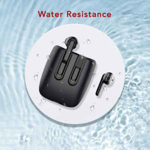 Black Lawson Magnetic TWS earbuds displayed on a circular surface with water droplets, highlighting their water resistance.