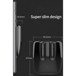 A sleek black charging case for TWS earbuds alongside the earbuds themselves, showcasing a slim design.