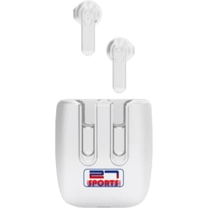 White Lawson Magnetic TWS earbuds with a charging case, featuring a logo on the case.
