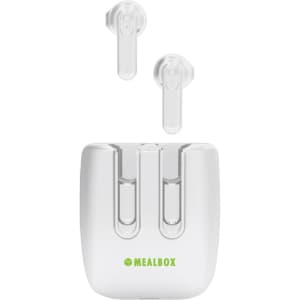 White TWS earbuds with a charging case, featuring a logo on the case.