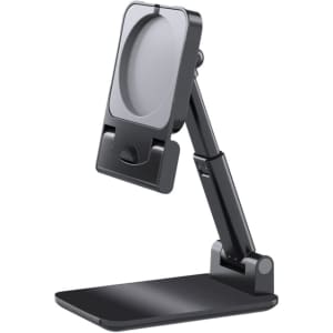 A black foldable phone stand with an adjustable arm and a sturdy base. Features a holder for devices.