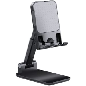 A foldable phone stand in black with an adjustable angle and a sturdy base. It features a smooth surface design.