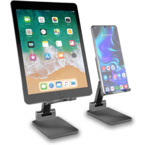 A black foldable phone and tablet stand, with a tablet on the left and a smartphone on the right, both displayed upright.