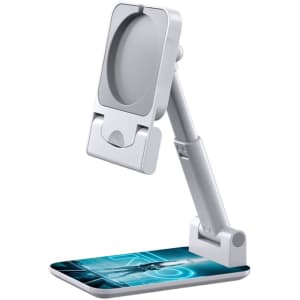 A white foldable phone stand with an adjustable arm and a textured base featuring a graphic design.