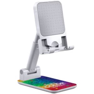 A foldable phone stand in white with a colourful base features a logo and adjustable arm for versatile positioning.